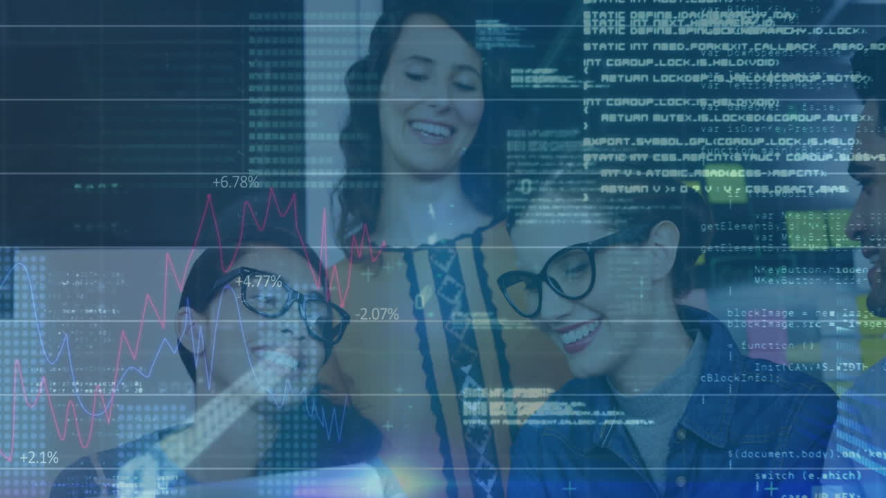 animación del procesamiento de datos financieros sobre diversas personas de negocios en la oficina