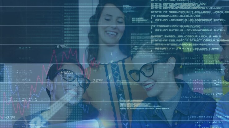 Animation of financial data processing over diverse business people in office