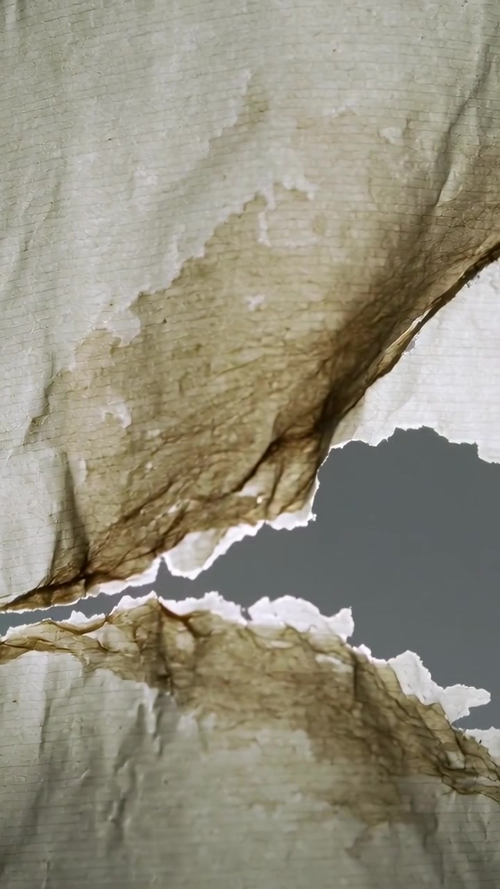 Vertical video: Peeling paper pulling from wet lower seam, exposing gray back and fibers at home