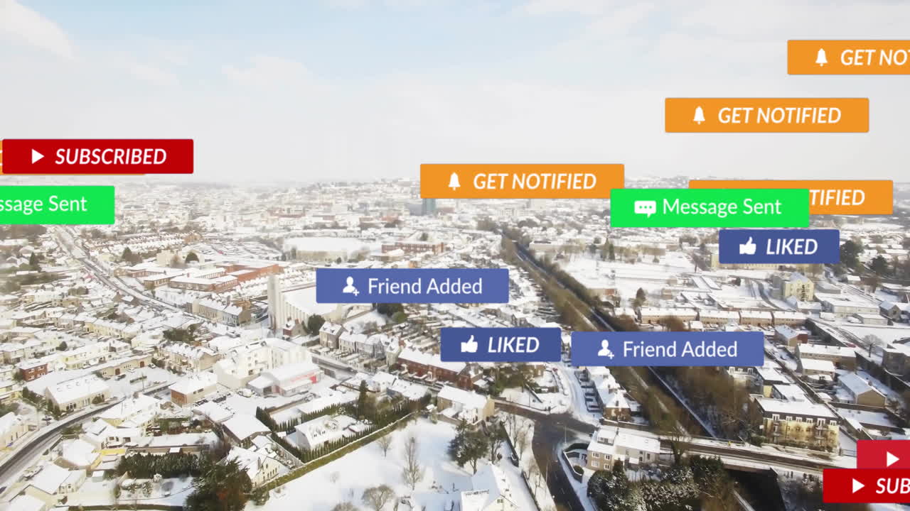 Animation of social media notifications over sunny cityscape