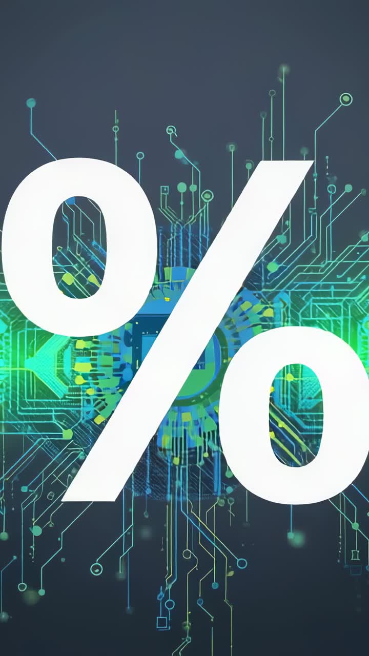 Vertical video: Emerging green glow pulsing nodes and traces behind white % symbol in blue backdrop