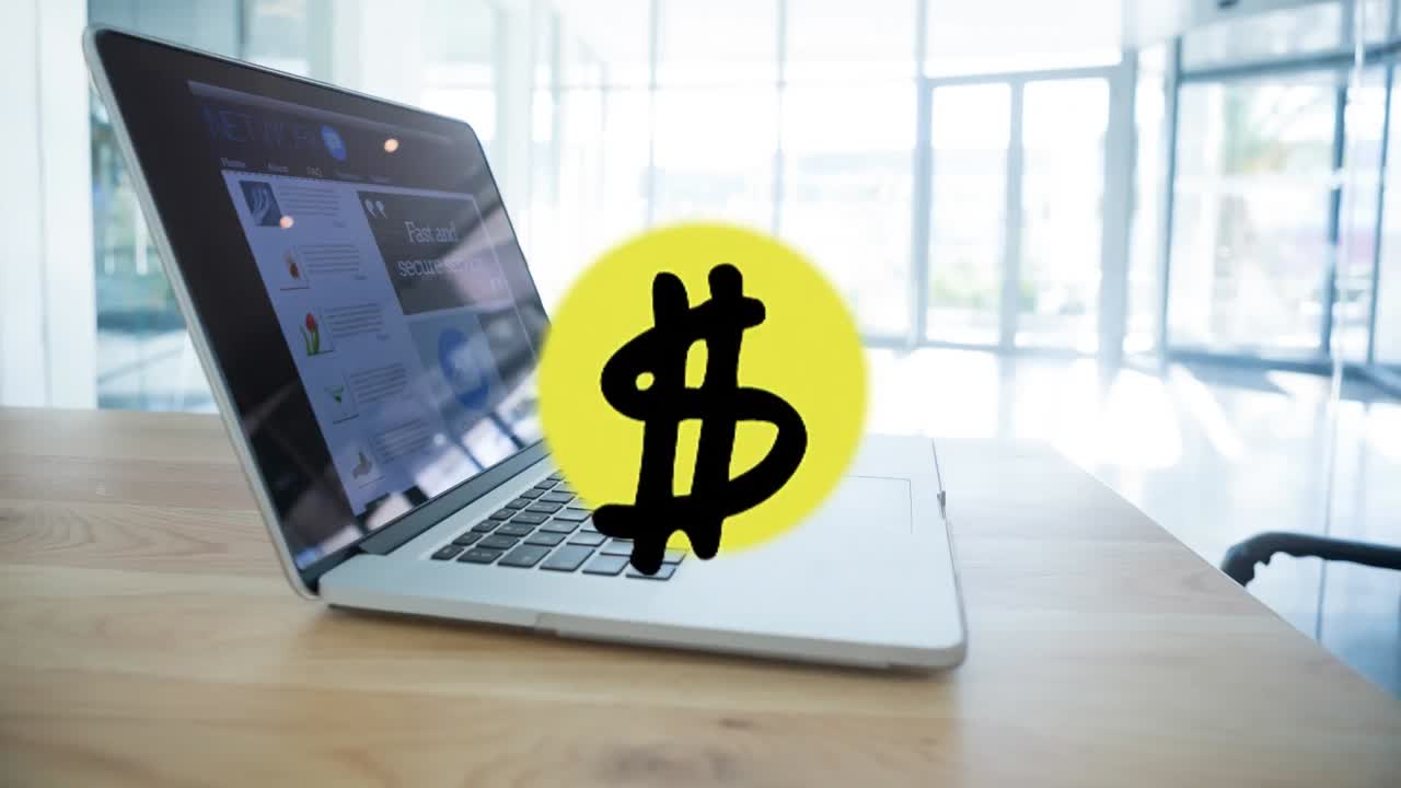 animación del símbolo del dólar sobre la computadora portátil en el escritorio de la oficina.