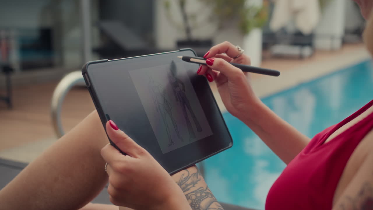 Hands of Woman Drawing on Tablet PC while Resting near Swimming Pool