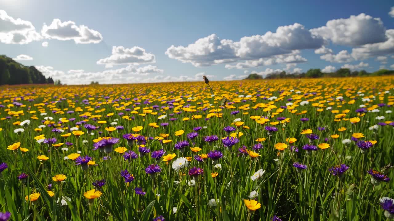 Campo vibrante de flores silvestres sob um céu azul com nuvens