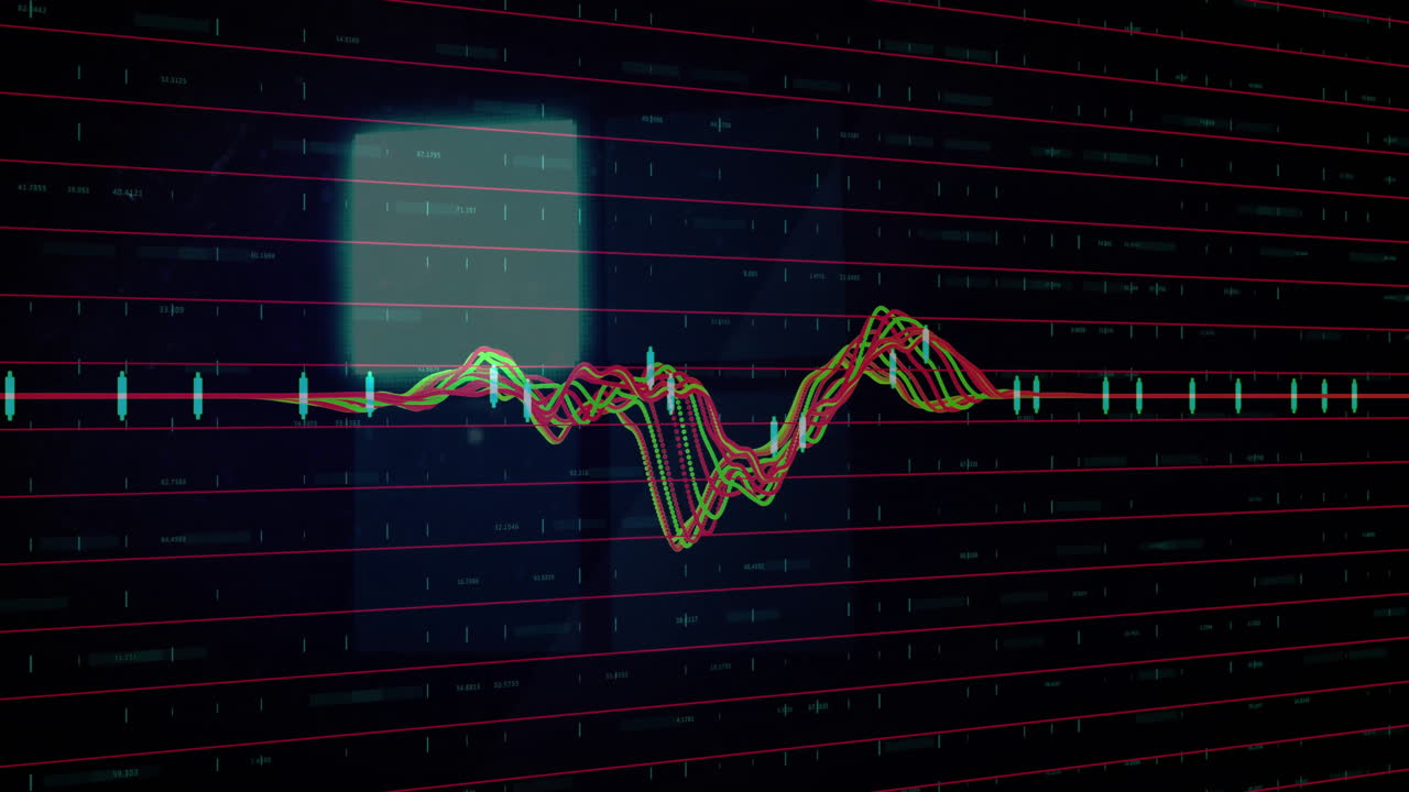 Overlapping green and red waveforms being animated across grid with glowing box, flat design