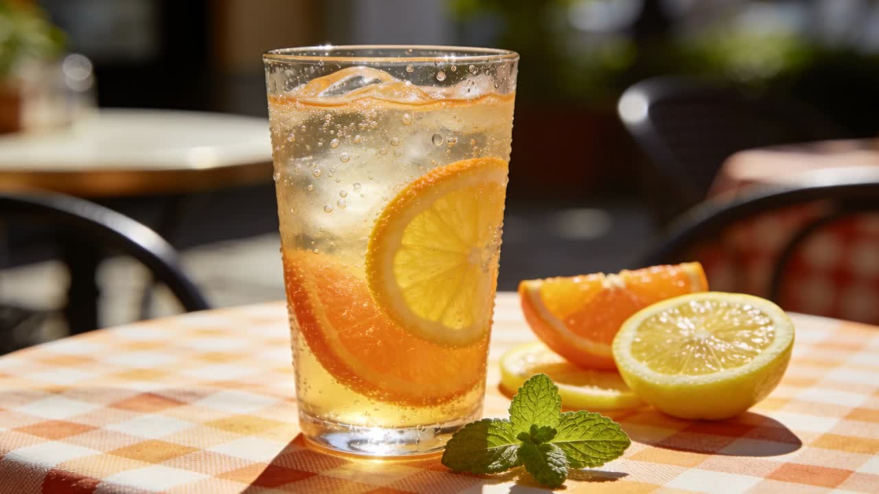 Bicchiere frizzante che rilascia bollicine alla luce del sole su un tavolo da patio con tovaglia a quadri, limone e menta.