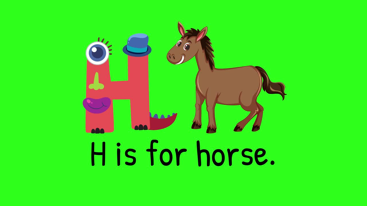Bright animation with playful characters introducing the letter H and a horse on a green background