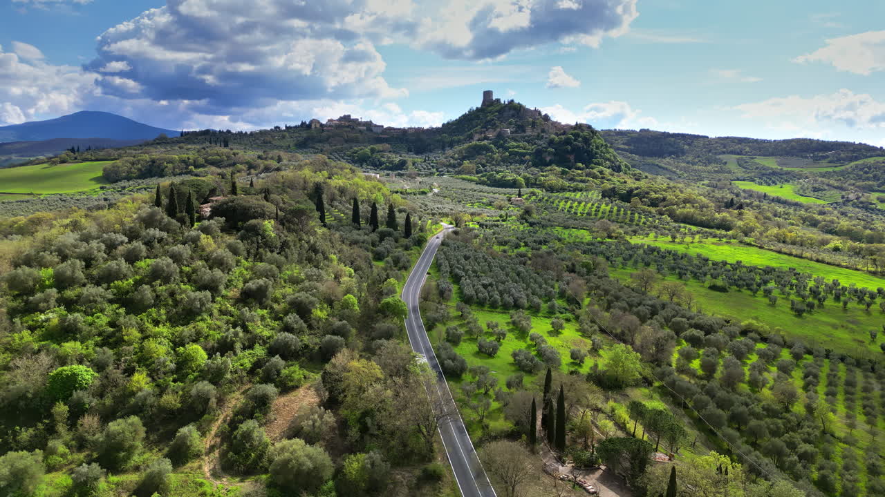 Aerial drone view of the Valdorcia region in Tuscany, central Italy