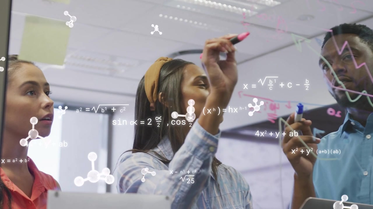 Lead woman stepping up team drawing on clear glass, formulas rising over glass, solving tech task