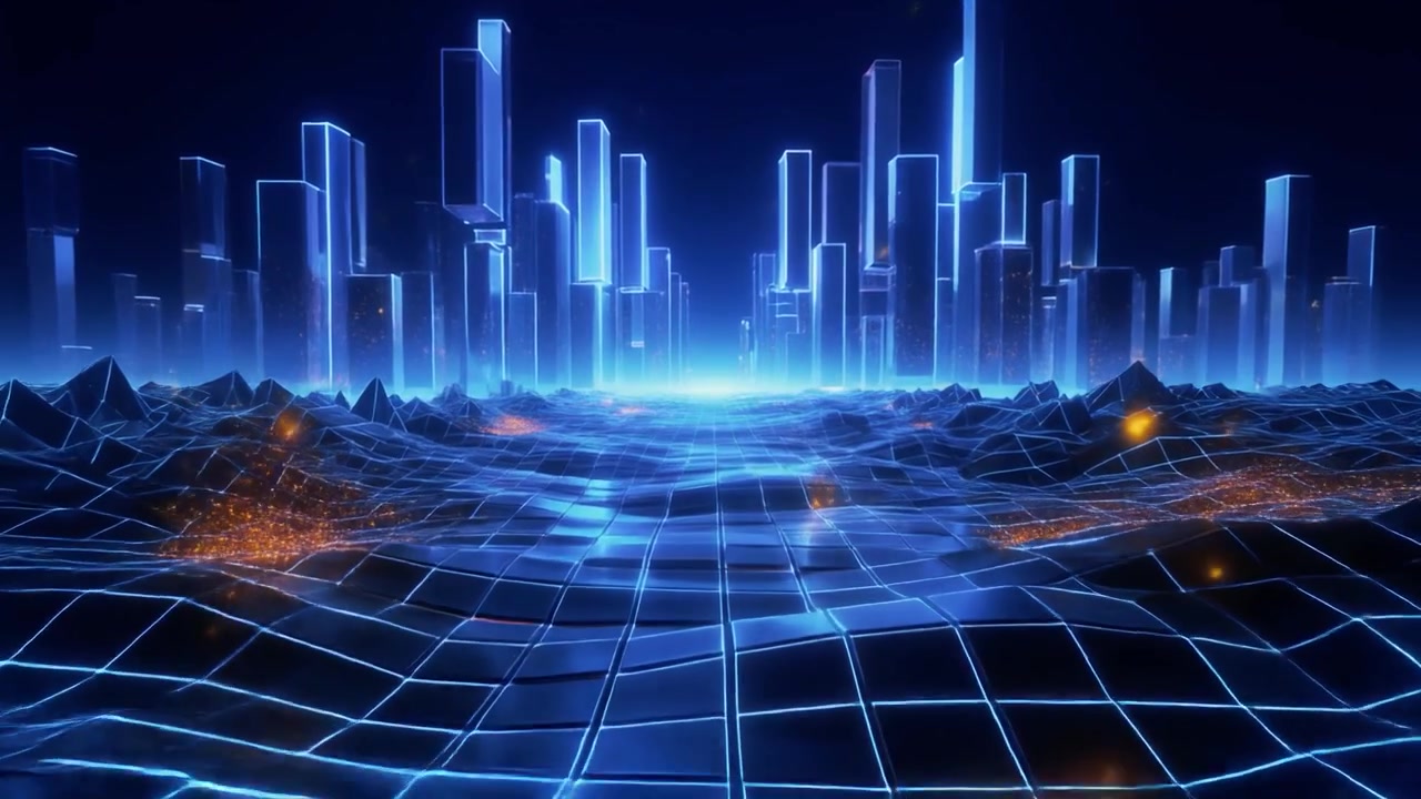 Futuristic Digital Cityscape with Glowing Neon Grid Landscape