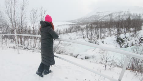 Mädchen,-Das-An-Einem-Handlauf-Steht-Und-über-Die-Winterlandschaft-In-Schweden-Blickt