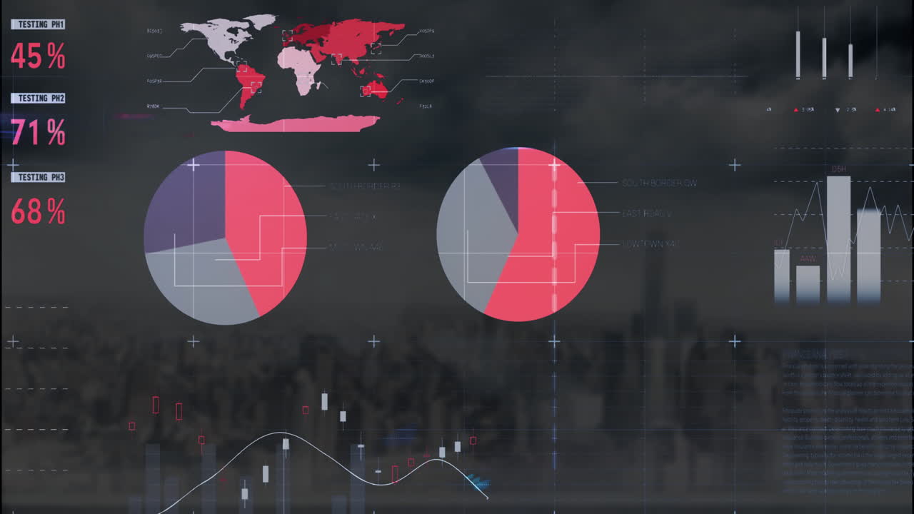 Animering av statistisk databearbetning mot flygvy av stadsbild