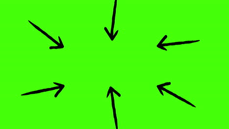 Animation of six black arrows pointing inwards on green background
