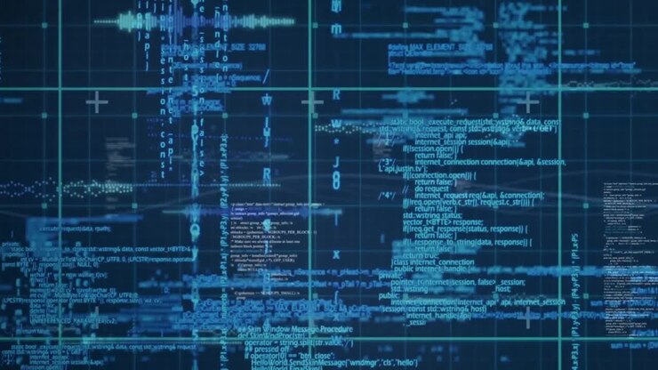Animazione di elaborazione dati su una rete a griglia su sfondo blu