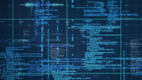 Animation-of-data-processing-over-grid-network-against-blue-background