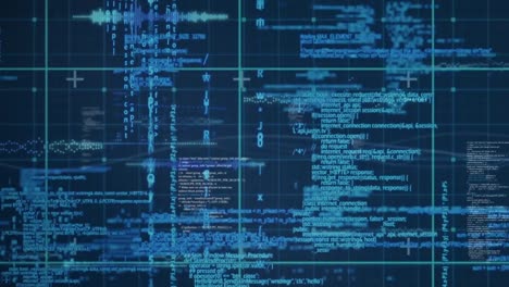 animation of data processing over grid network against blue background