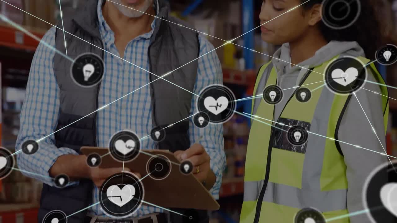 animación de la red de conexiones con iconos sobre diversos trabajadores en el almacén