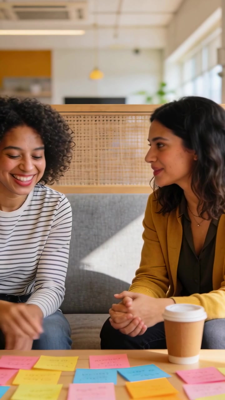Vídeo vertical: Saudação, duas mulheres de blazer mostarda organizando post-its para projeto em lounge