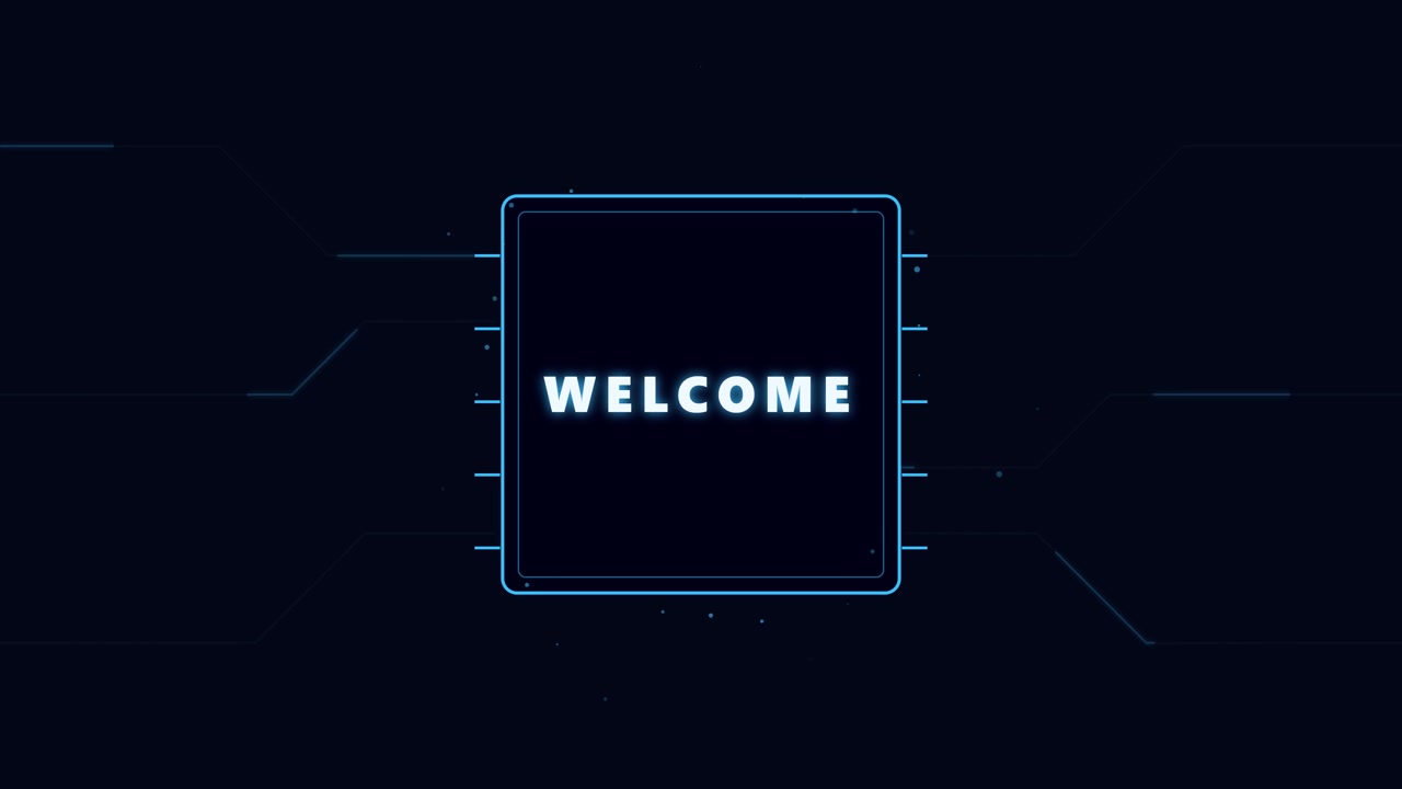 Panneau de bienvenue numérique avec animation de carte de circuit imprimé futuriste