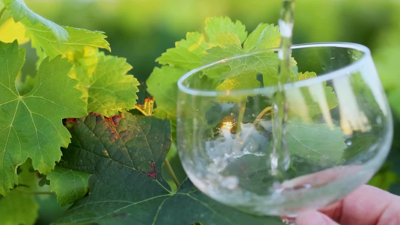 el vino blanco se vierte en un vaso.