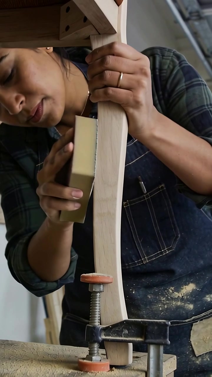 Vertical video: Sanding clamped curve, woman adjusting clamp and sanding block at bench, apron