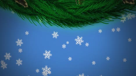 Christmas-wreath-decoration-and-snowflakes-icons-falling-against-blue-background
