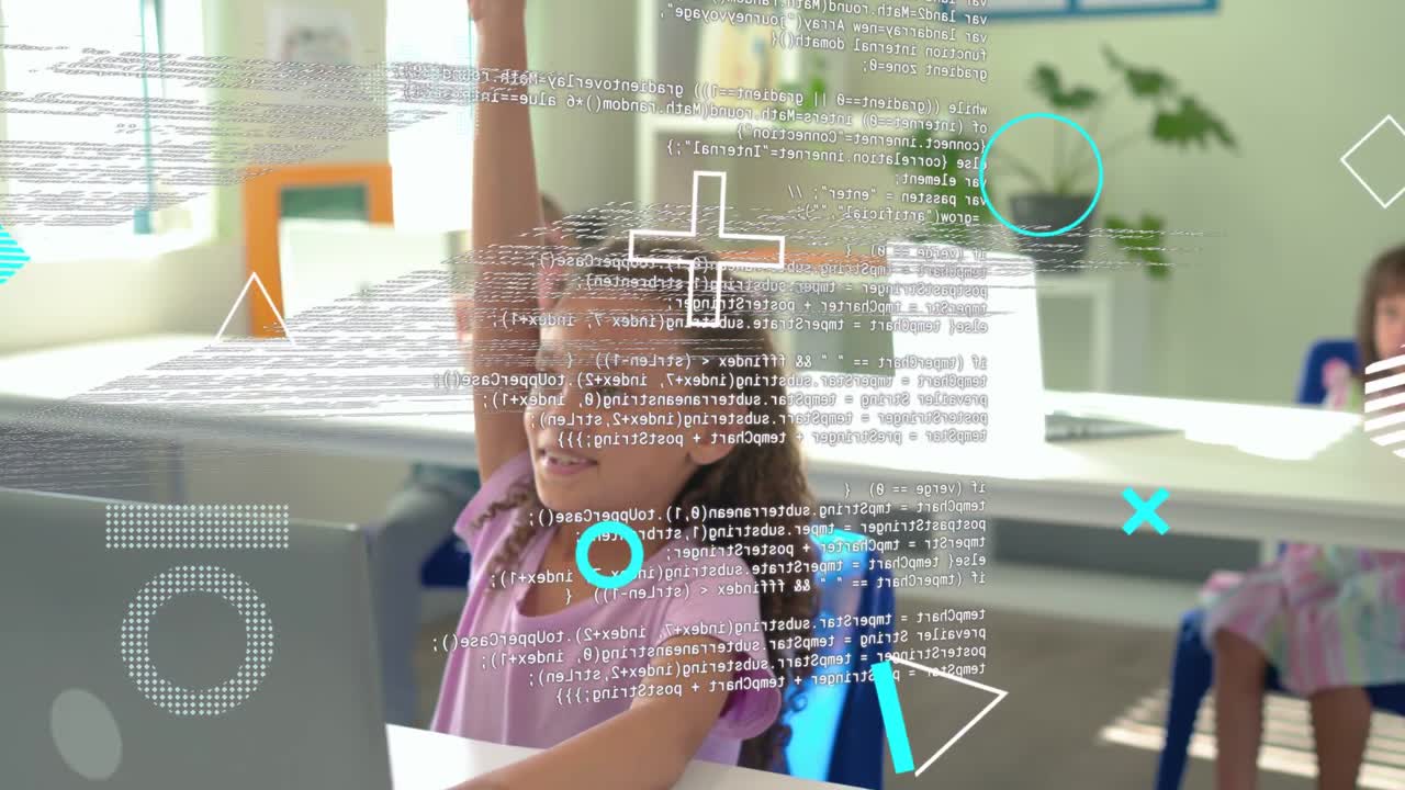 Ragazza al portatile in un contesto educativo che alza la mano, generando sovrapposizioni di codice mentre digita e richiede aiuto.