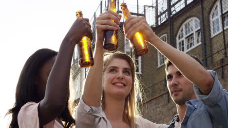 friends celebrating drinking beer lifting arms summer outdoors