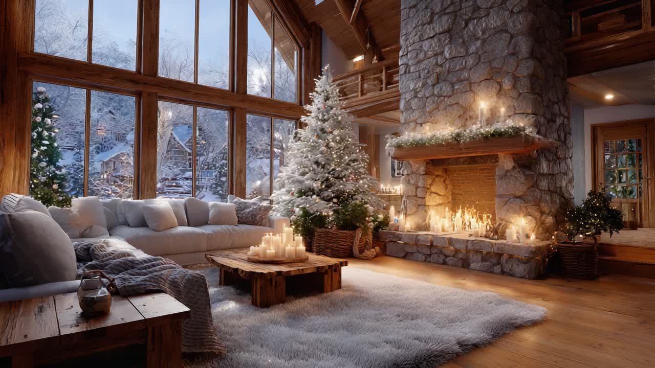 Cozy Winter Living Room with Festive Christmas Tree and Warm Fireplace Glow Capturing the Essence of Holiday Cheer and Comfort in a Rustic Retreat