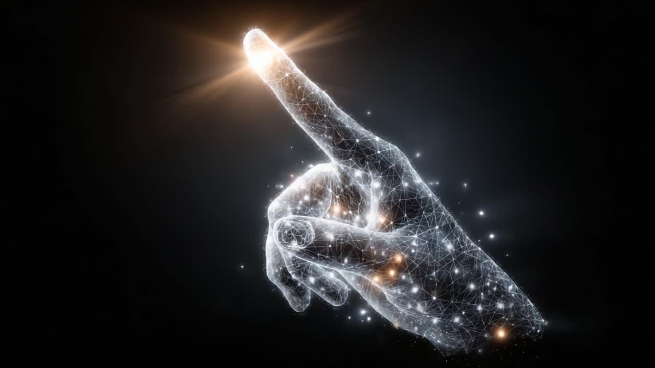 Un vistazo etéreo de una mano digital apuntando hacia el futuro, iluminada por puntos de luz brillantes, encarnando la innovación y la creatividad en el ámbito digital