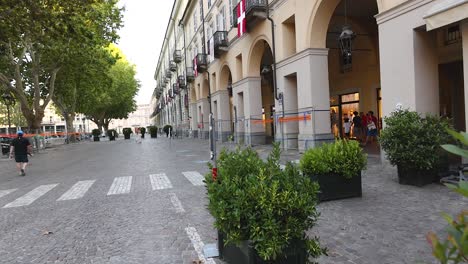 pedestrians walking along a tree-lined street