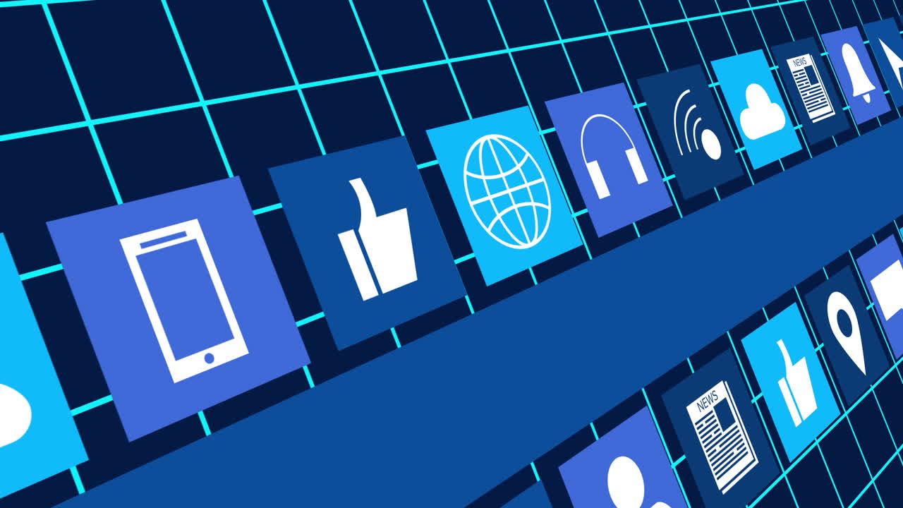 Animation of digital online icons and blue stripe moving on grid and dark blue background