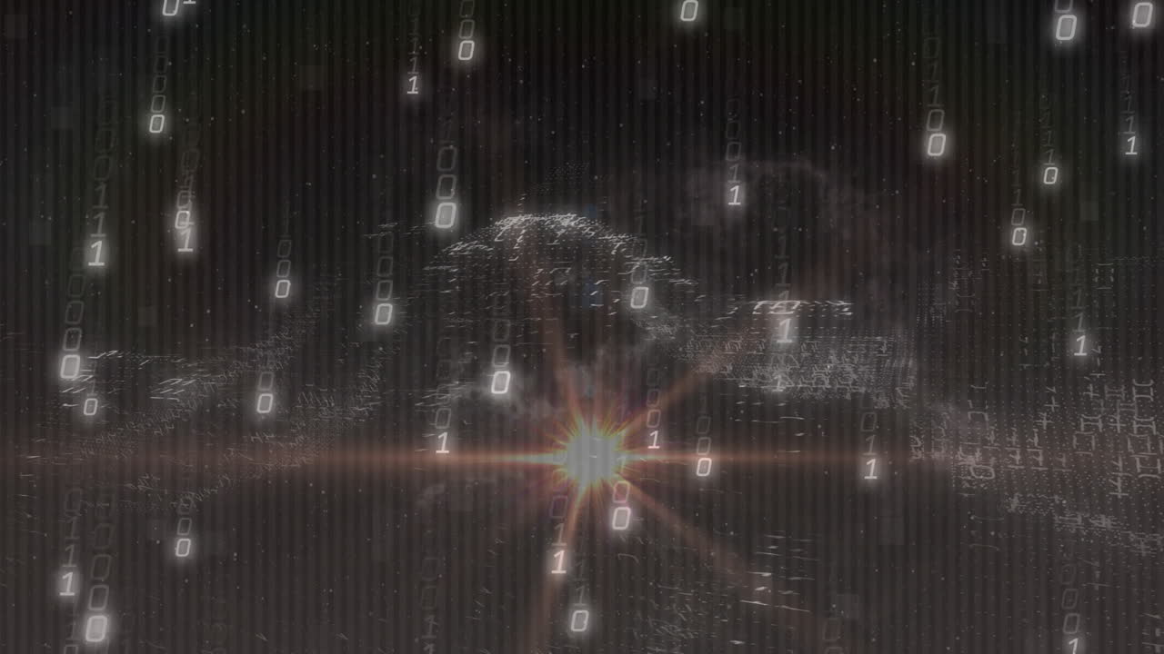 Animation of digital data processing with binary code over network visualization