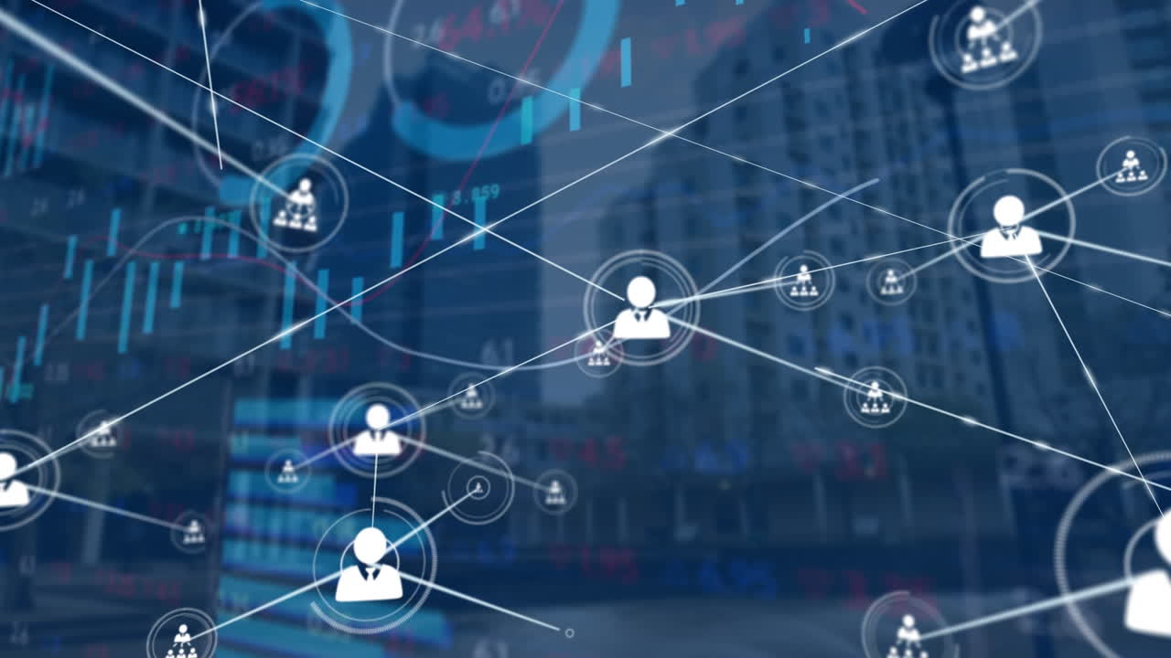 Animation of network of people icons exchanging data and graphs over city buildings