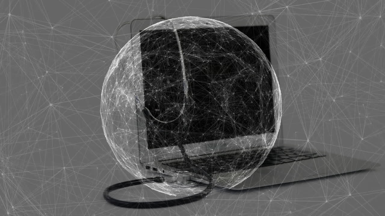 Digital network sphere glowing and expanding in animated illustration, with laptop and earphones