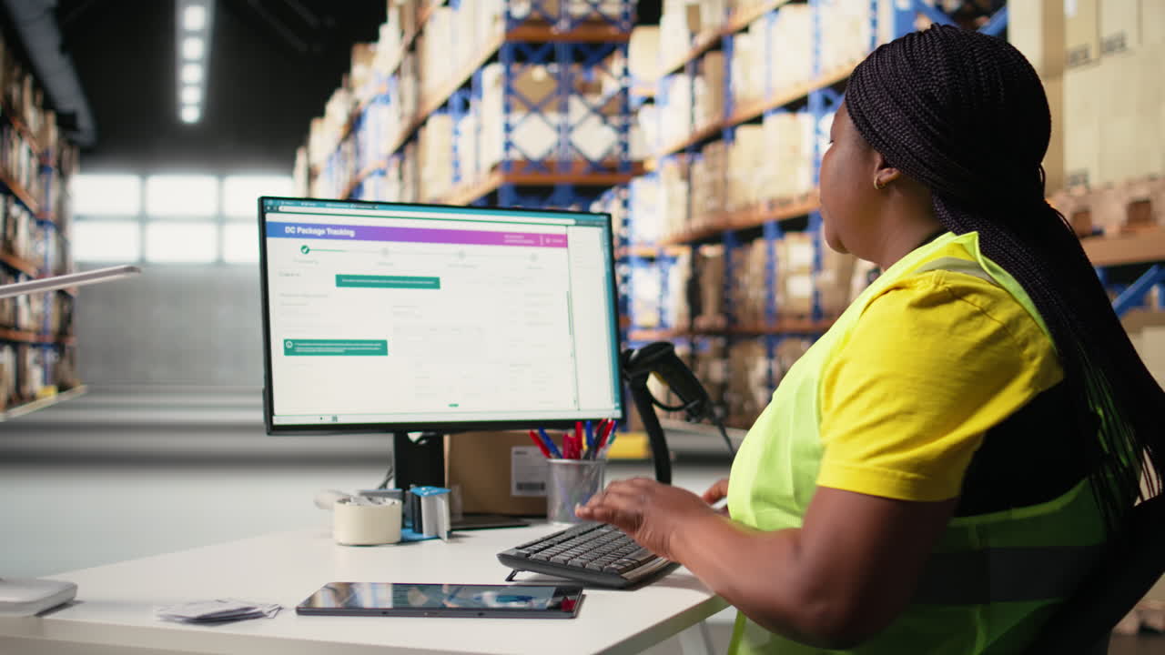 Vertical Video African american worker processing e-commerce cargo orders in warehouse setting