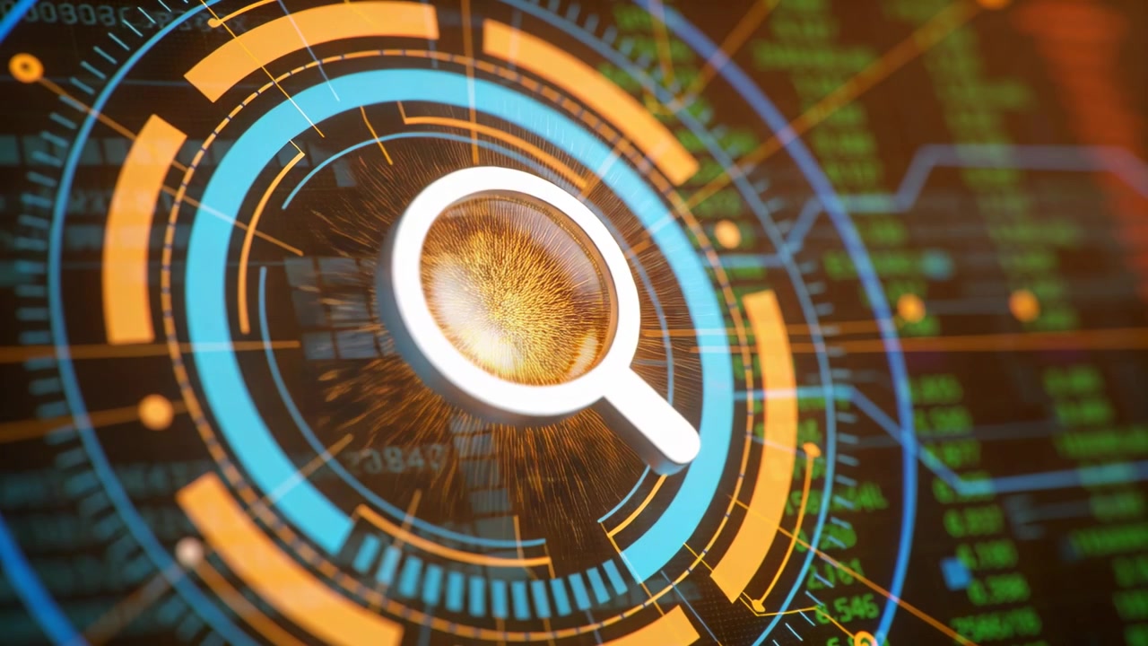 Rotating magnifying-glass icon tilting within HUD on activation, scanning green telemetry