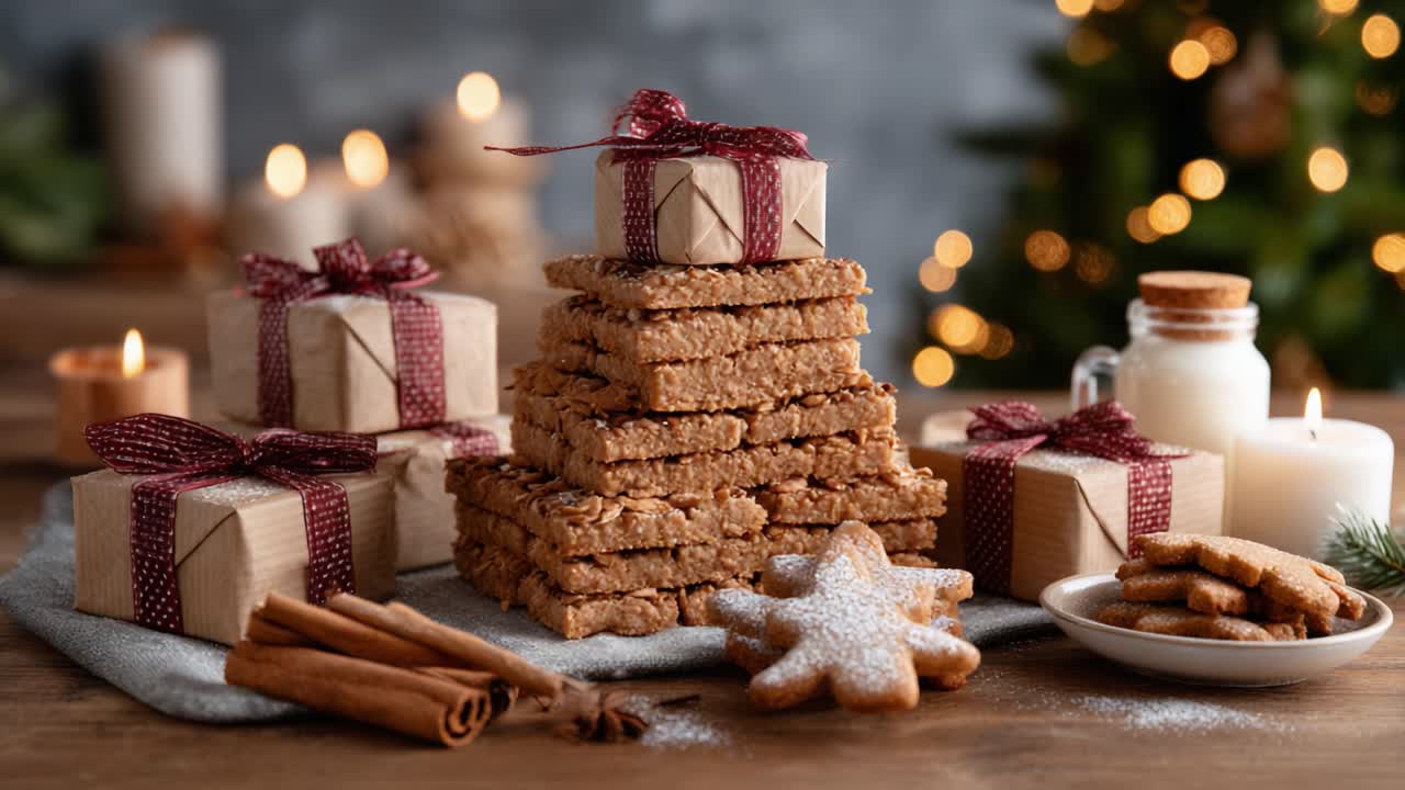 Festliches Feiertags-Arrangement mit köstlichen Müsliriegeln, traditionellen Keksen und wunderschön verpackten Geschenken, umgeben von sanftem Kerzenlicht