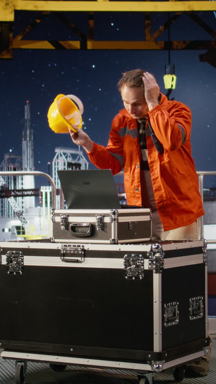 Vertical Video Agitated oil rig inspection officer evaluates fuel production systems