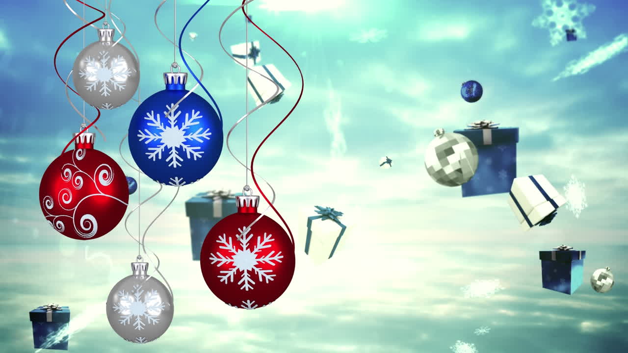 보케와 함께 파란색 배경 위에 떨어지는 크리스마스 버블, 선물 및 눈의 애니메이션