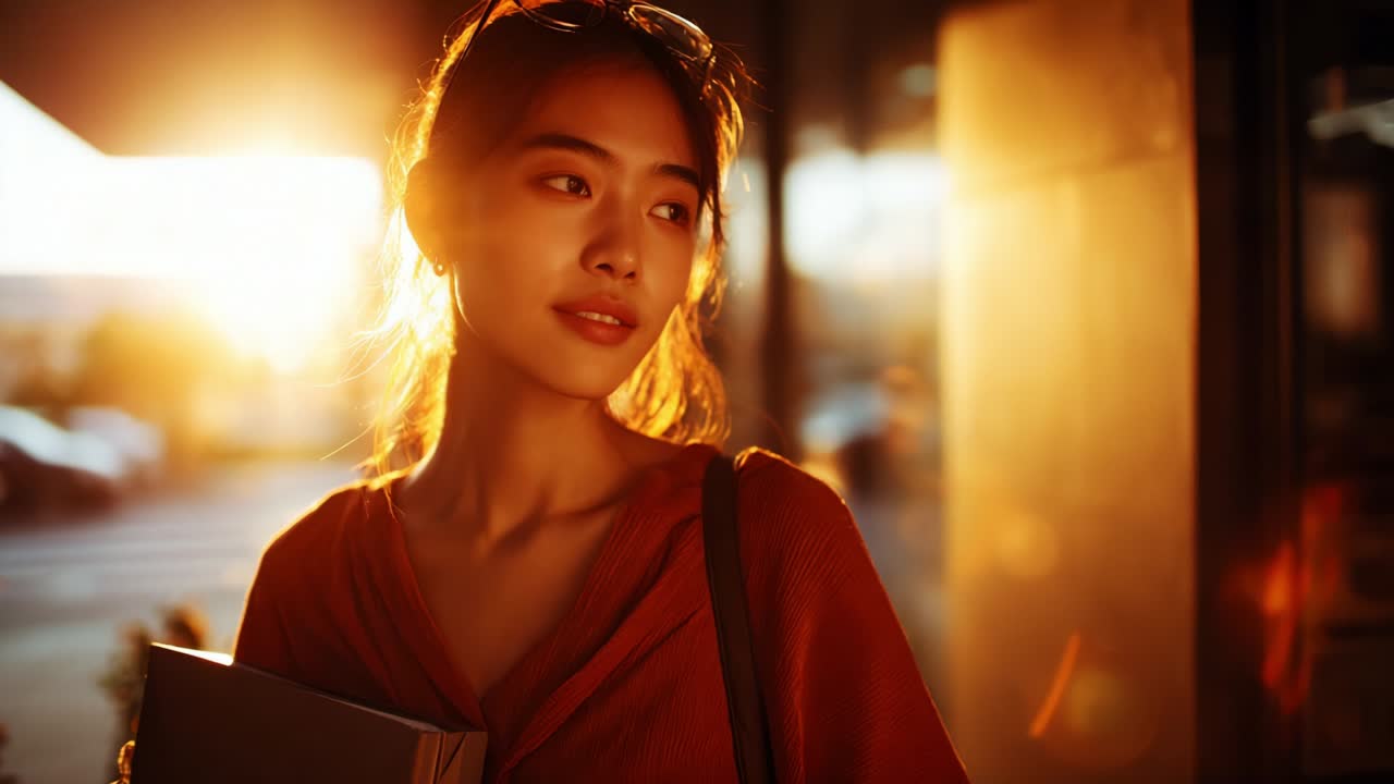 A Serene Moment Captured: A Young Woman in a Sunset Glow, Radiating Tranquility and Reflection While Holding a Book, Conveying a Sense of Beauty and Contemplation in a Warm Evening Atmosphere