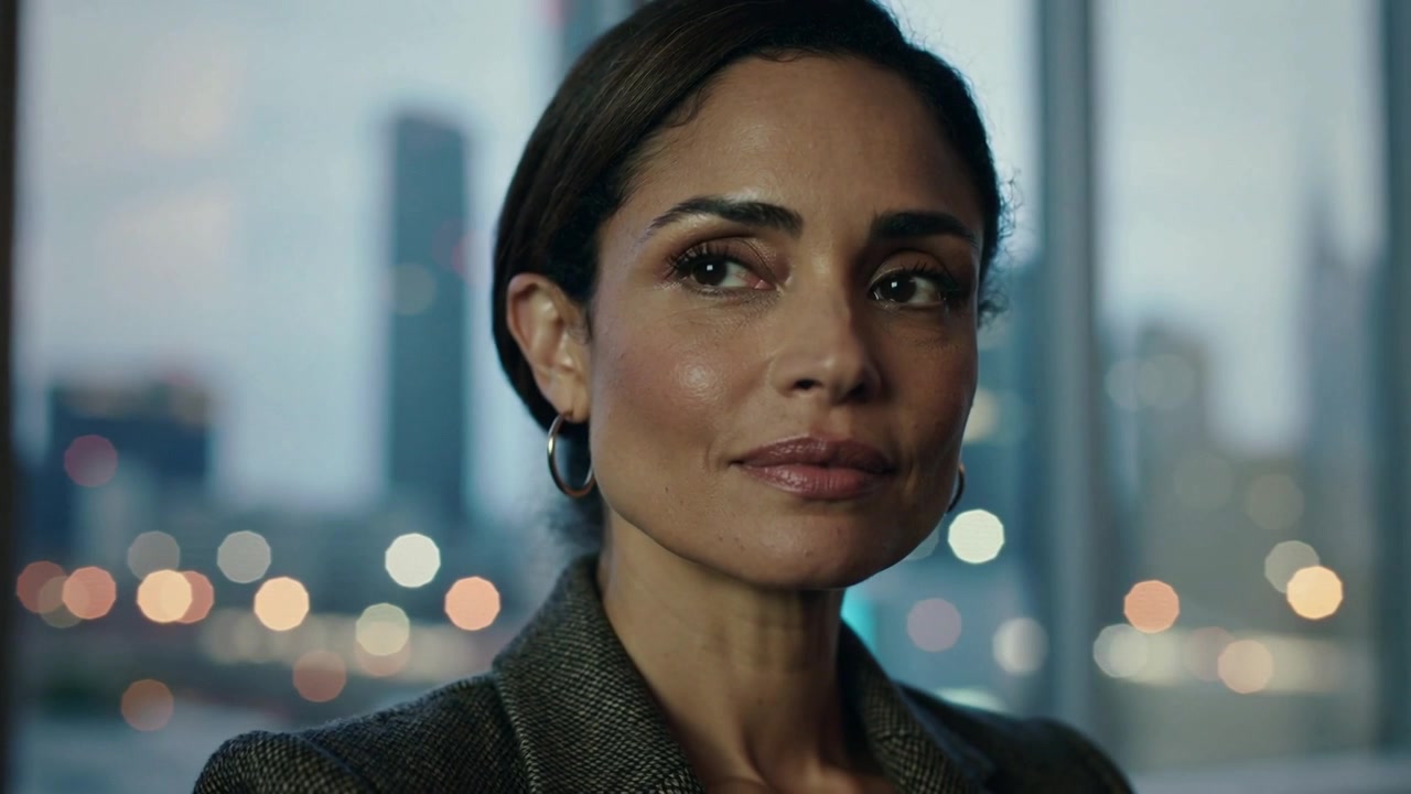 Hearing offscreen question, woman shifting gaze right in highrise office grey blazer, hoops, window