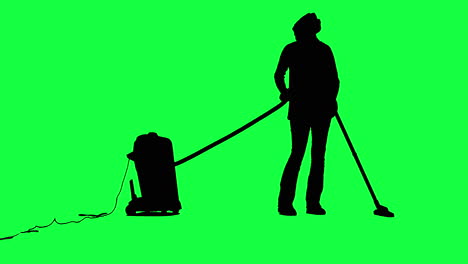 black silhouette of a woman vacuuming the floor in front of a greenscreen