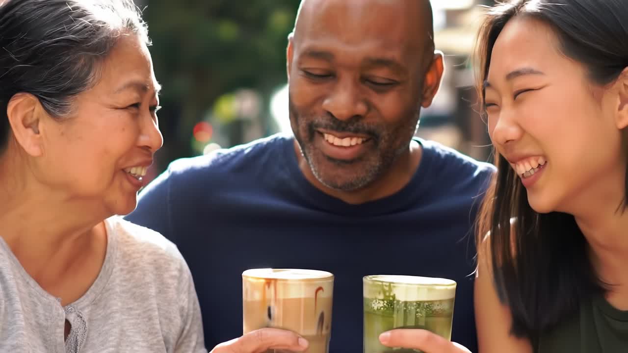 Three Friends Enjoying Refreshing Beverages Outdoors, Sharing Laughter and Good Times Together in a Beautiful, Sunlit Setting