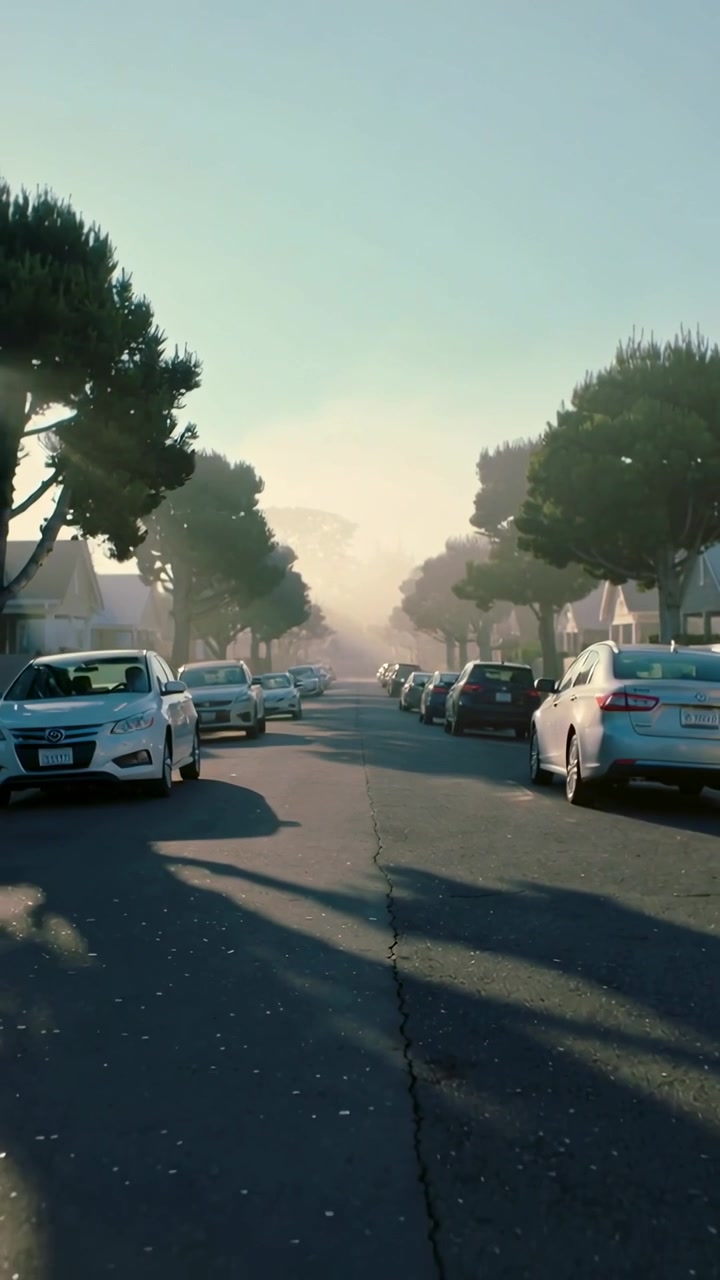 Video vertical: Cámara deslizándose por la calle hacia la neblina, revelando coches aparcados, una grieta, árboles
