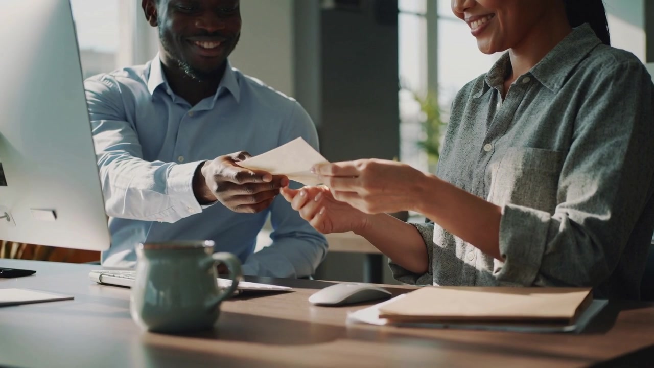 Reaching man in button-down offering paper at office desk, woman in blouse taking and reviewing