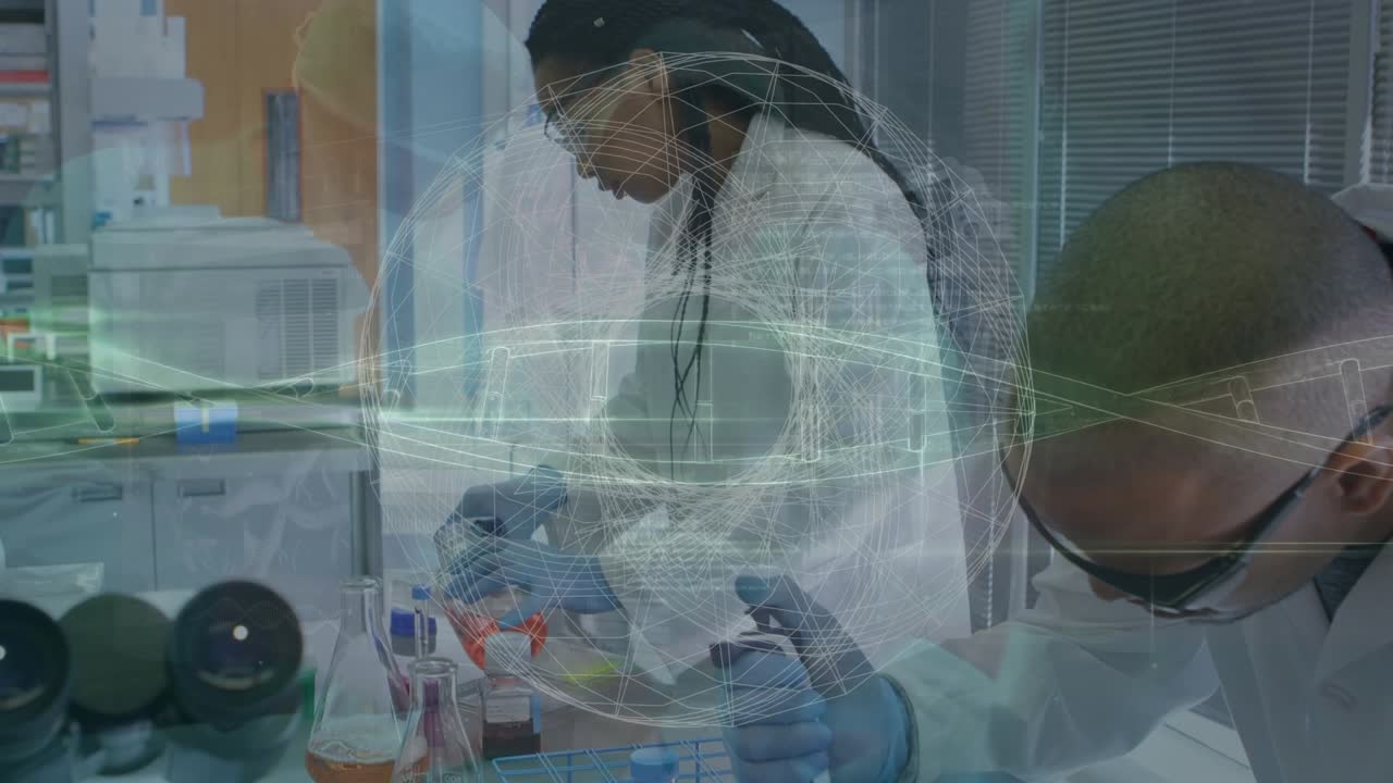 Animation of dna strand and data processing over diverse scientists in laboratory