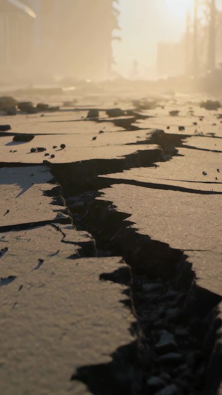 Vertical video: Pulling back low camera revealing pavement fissure leading to hazy horizon glare