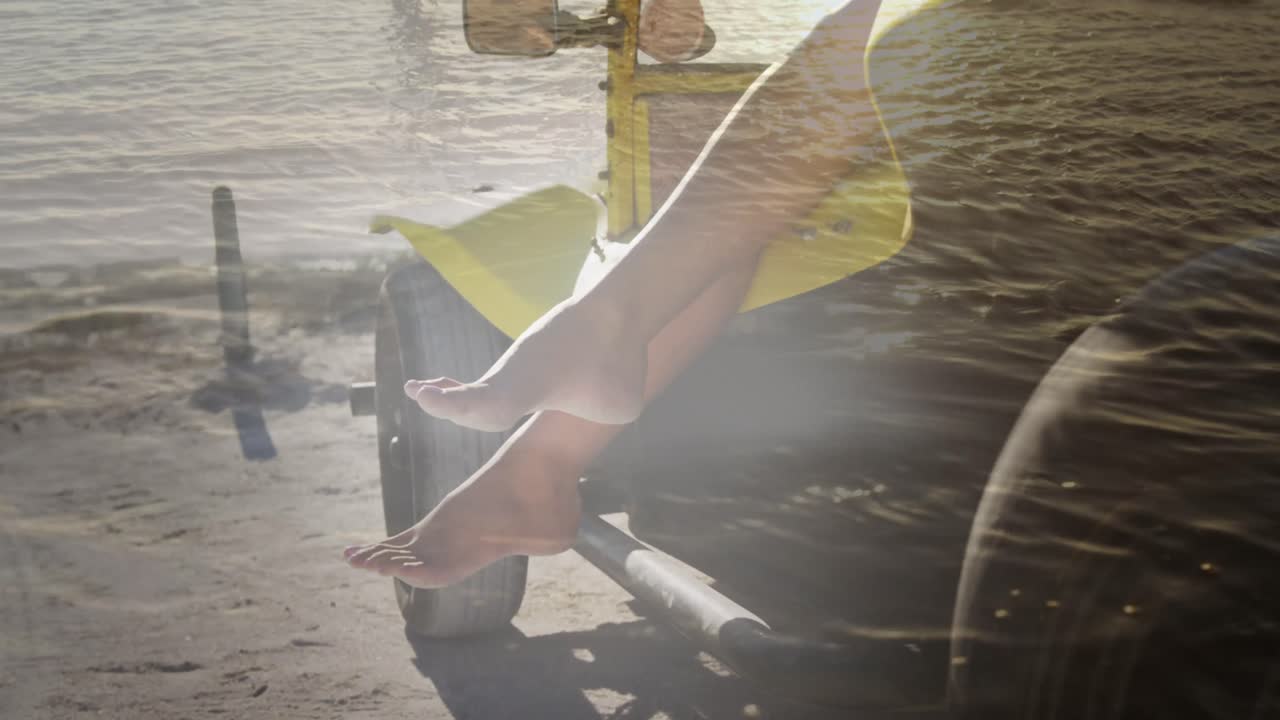 해변에 있는 차 안의 아프리카계 미국인 여성의 다리의 애니메이션