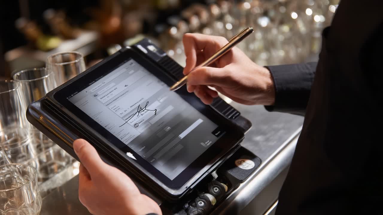 A Professional Using a Tablet to Capture a Signature in a Modern Bar Setting with a Blur of Glassware in the Background, Highlighting Efficient Digital Documentation